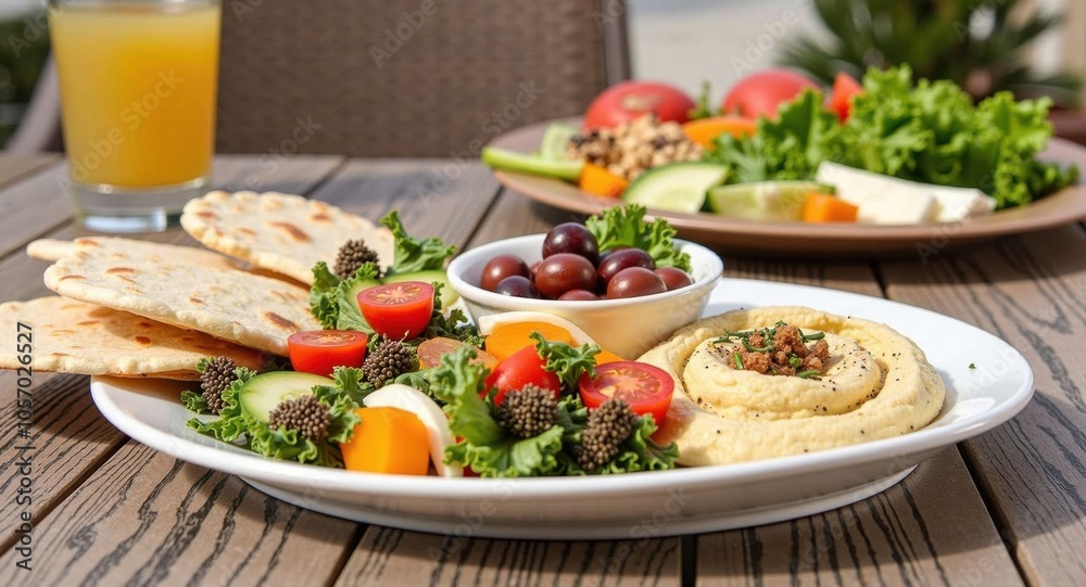 A vibrant vegetable platter with hummus, pita bread A vibrant vegetable platter with hummus, pita bread