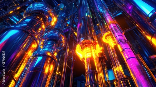 A vibrant, futuristic refinery at night with neon lighting in pink, blue, and orange tones, creating a cyberpunk-inspired, surreal industrial atmosphere. 