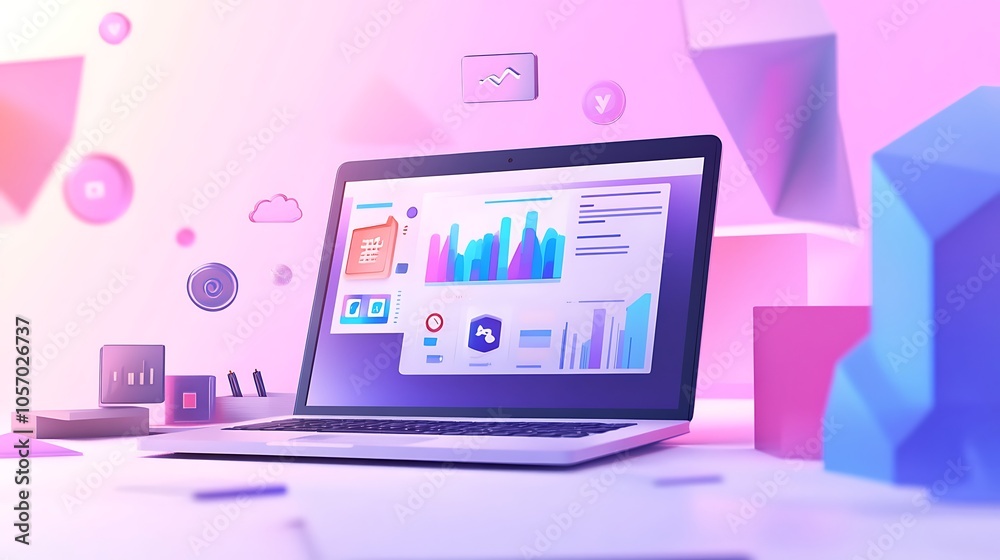 Laptop with Colorful Charts and Graphs on Screen in a Modern Workspace Laptop with Colorful Charts and Graphs on Screen in a Modern Workspace