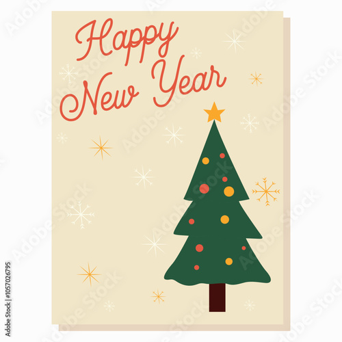 Elegant New Year card with a Christmas tree and the text Happy New Year, surrounded by snowflakes on a light background. Perfect for sending New Year wishes and spreading holiday joy.