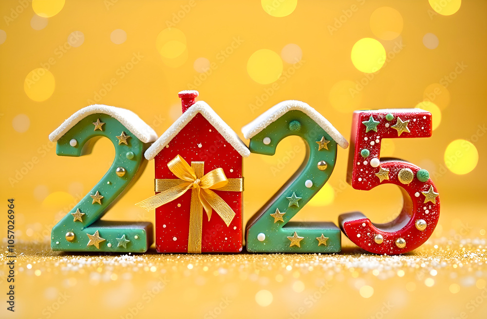 Fototapeta premium Gingerbread numbers 2025 for the New Year on an orange-yellow festive background with lights and bokeh. Real estate market, buying a new house concept. New year card with copy space