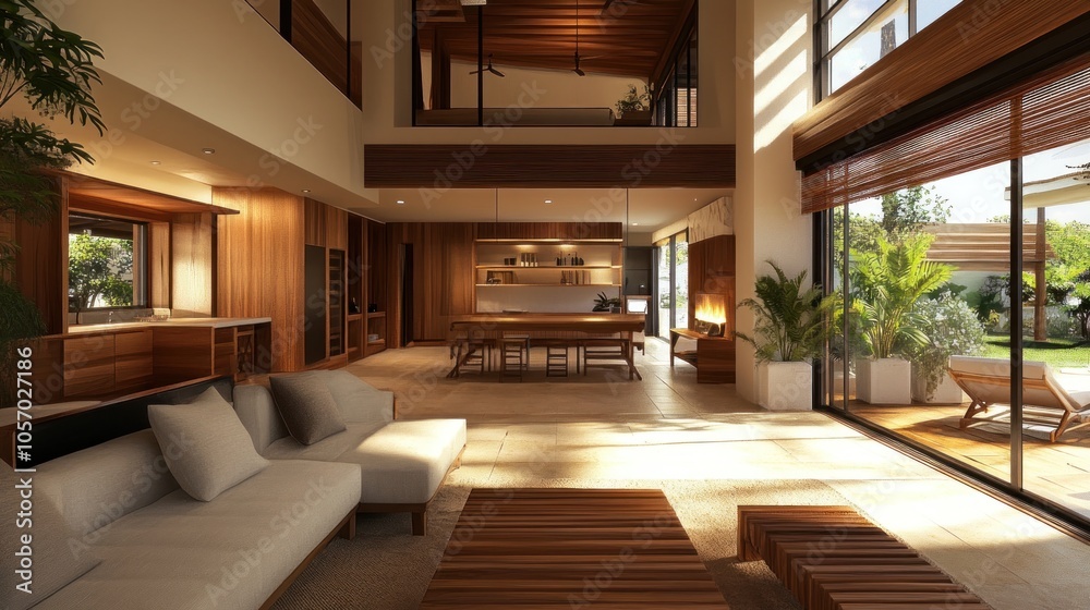 Naklejka premium Modern Living Room with Natural Light and Wooden Accents