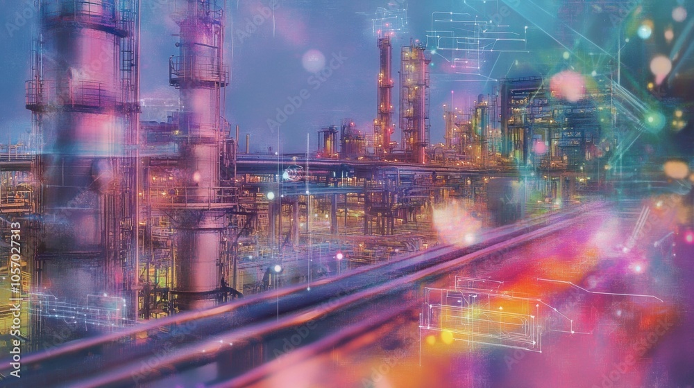 Fototapeta premium A vibrant, futuristic industrial cityscape featuring neon light trails and glowing structures, creating a dynamic, cyberpunk-inspired scene with blurred motion effects. 