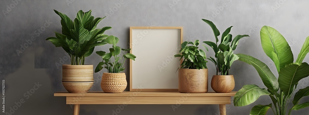 A vertical blank poster frame is placed on top of the console table, with plants in wooden pots beside it. A vertical blank poster frame is placed on top of the console table, with plants in wooden pots beside it.