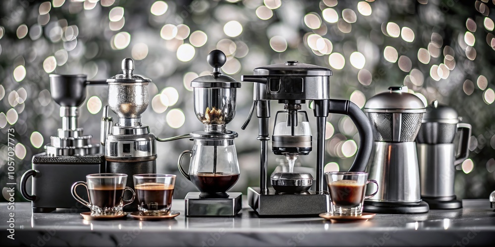 Coffee Machine Collection with Bokeh Effect for Home and Business Use, Showcasing Various Styles and Designs to Enhance