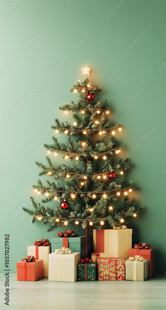 A wall-mounted Christmas tree with lights and presents underneath it, set against a unique pastel green background. A wall-mounted Christmas tree with lights and presents underneath it, set against a unique pastel green background.