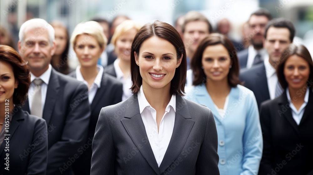 Woman in a business suit stands in front of a crowd of people Woman in a business suit stands in front of a crowd of people