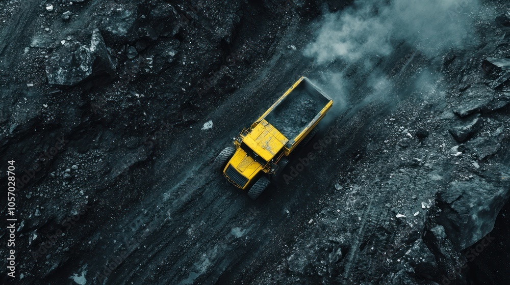A yellow dump truck navigates a rugged, smoky terrain in a mining environment. A yellow dump truck navigates a rugged, smoky terrain in a mining environment.