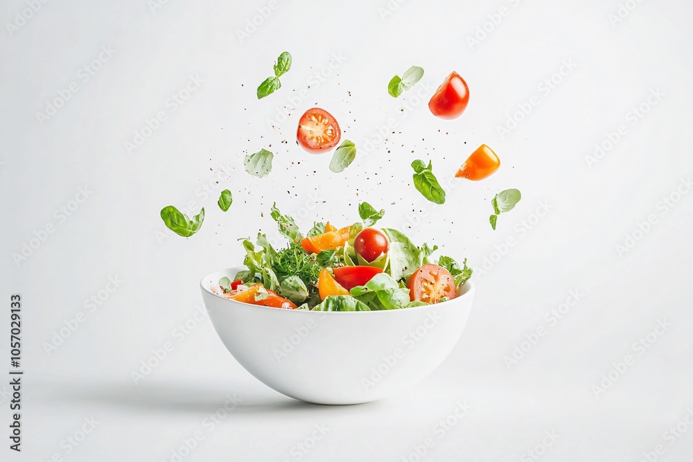 Fresh salad ingredients scattered above a bowl in a modern kitchen setting with vibrant colors and healthy vegetables