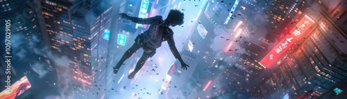 Craft a digital masterpiece showcasing robotic dancers soaring through vibrant futuristic cityscapes Utilize CG techniques to bring the scene to life with photorealistic details photo