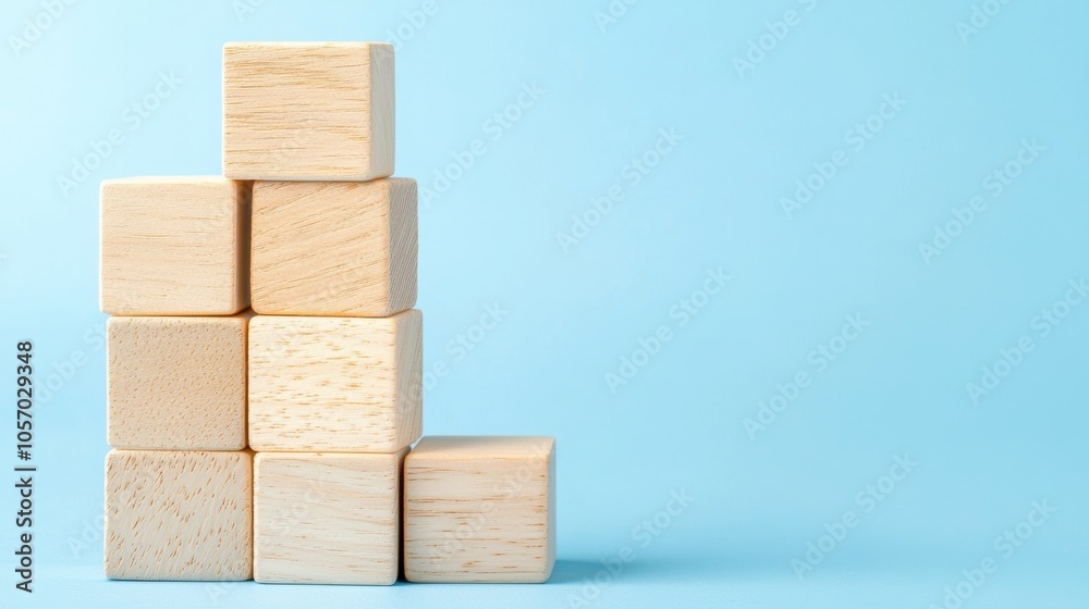 Social network structure with wooden blocks and lines, minimalist design, community and teamwork on blue background Social network structure with wooden blocks and lines, minimalist design, community and teamwork on blue background