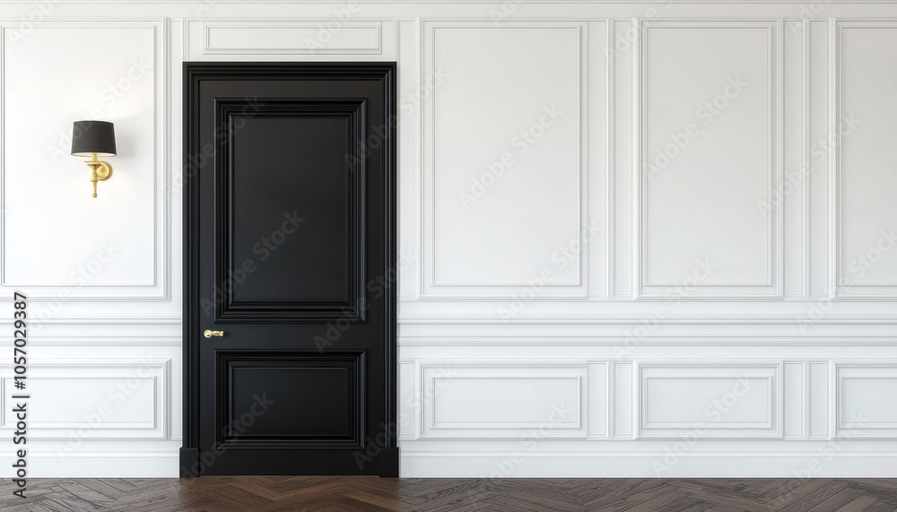 Sophisticated black door with brass handle, white panel walls, and wall sconces, classic interior elegance Sophisticated black door with brass handle, white panel walls, and wall sconces, classic interior elegance