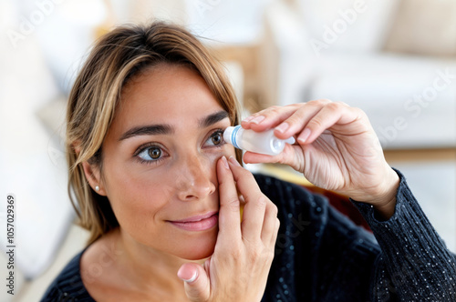 Jeune femme brune qui s'instille des gouttes d'un collyre dans ses yeux photo