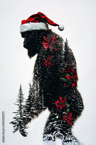 Bigfoot with Santa Hat in Winter Wonderland, Double-exposure image of Bigfoot wearing a Santa hat, blending with snowy trees and red poinsettias, capturing a festive holiday atmosphere.

