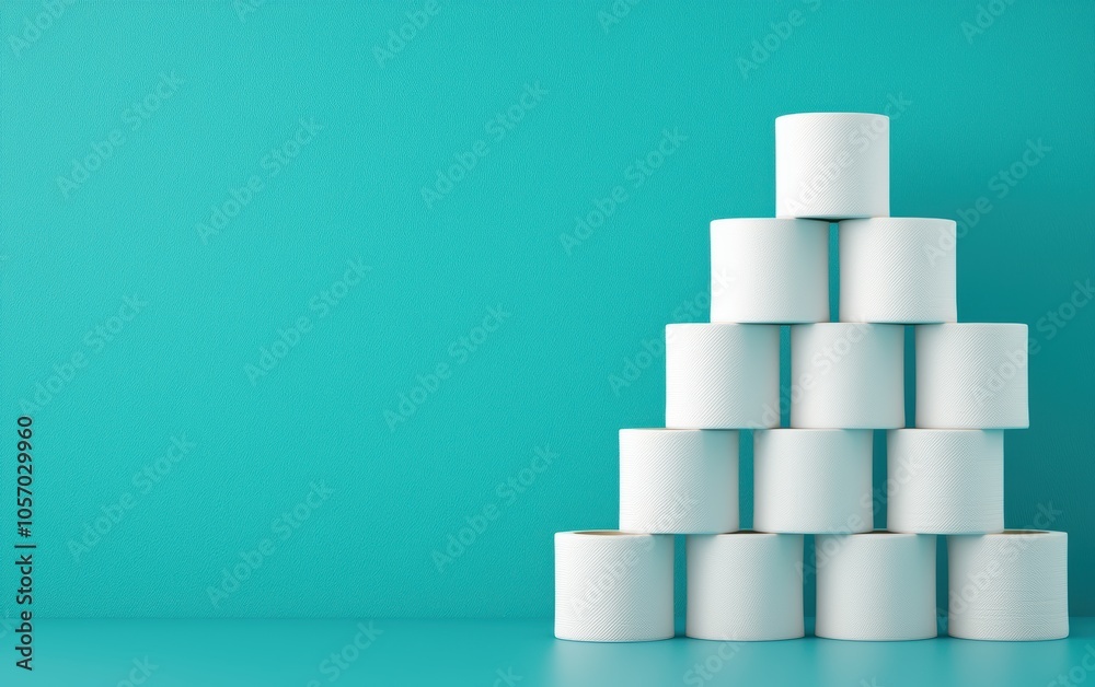 Stack of toilet paper rolls on solid blue background, minimal composition, hygiene and household supplies theme Stack of toilet paper rolls on solid blue background, minimal composition, hygiene and household supplies theme