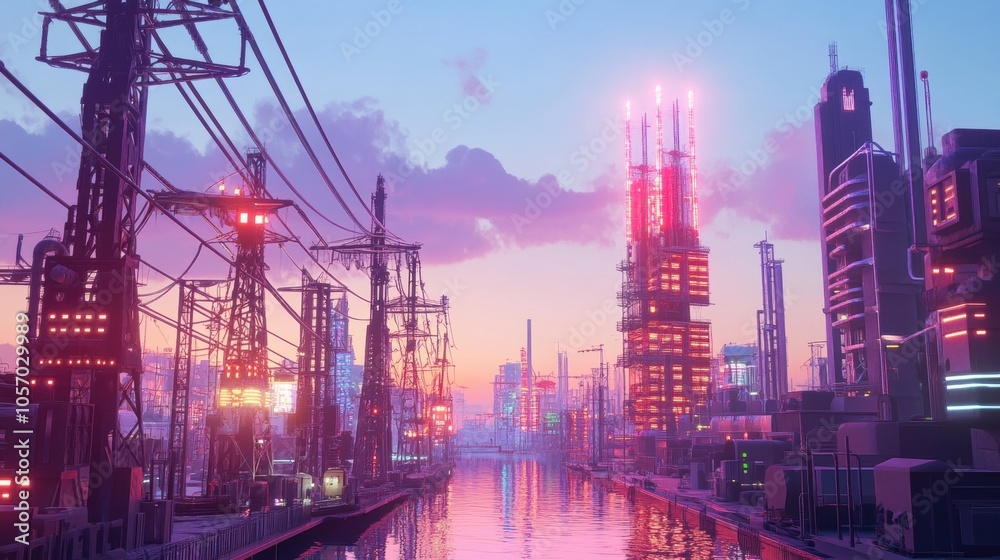 Fototapeta premium A futuristic cityscape at sunset with neon-lit buildings and power lines reflecting in a river, blending cyberpunk aesthetics with pastel tones.