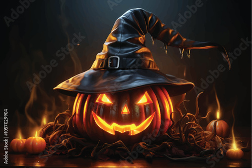3d rendering Halloween pumpkin with witch hat on a black background