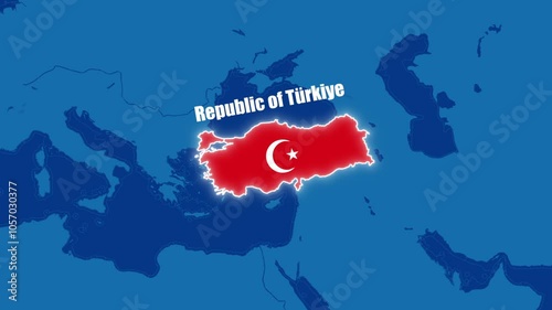 Turkiye 3d animated map with Flag. on blue background Animation map of Republic of Turkiye