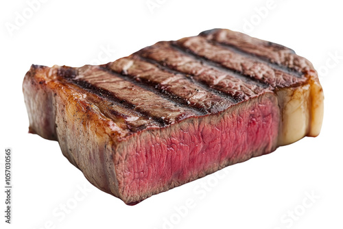 Deliciously grilled steak with juicy pink center, isolated on white background. photo