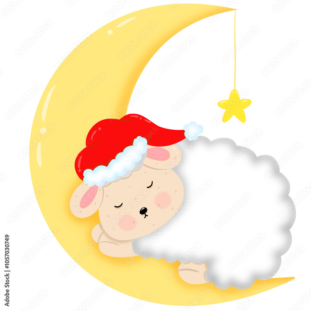 Fototapeta premium A cute little cartoon sheep sleeps on a crescent moon wearing a red Christmas hat.