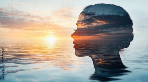 Silhouette of a woman merged with a sunset over water, symbolizing inner peace and tranquility.