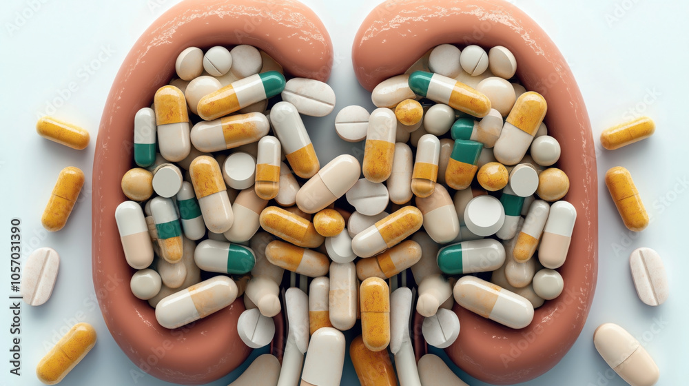 Conceptual image of human kidneys filled with various colorful pills and capsules, symbolizing medication impact on kidney health. Conceptual image of human kidneys filled with various colorful pills and capsules, symbolizing medication impact on kidney health.