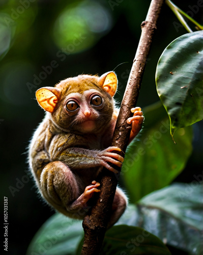 A tarsier clings to a branch at dusk in Tangkoko National Park, its large, round eyes glowing as it surveys the darkening forest, capturing the mysterious allure of Sulawesi’s wildlife. photo