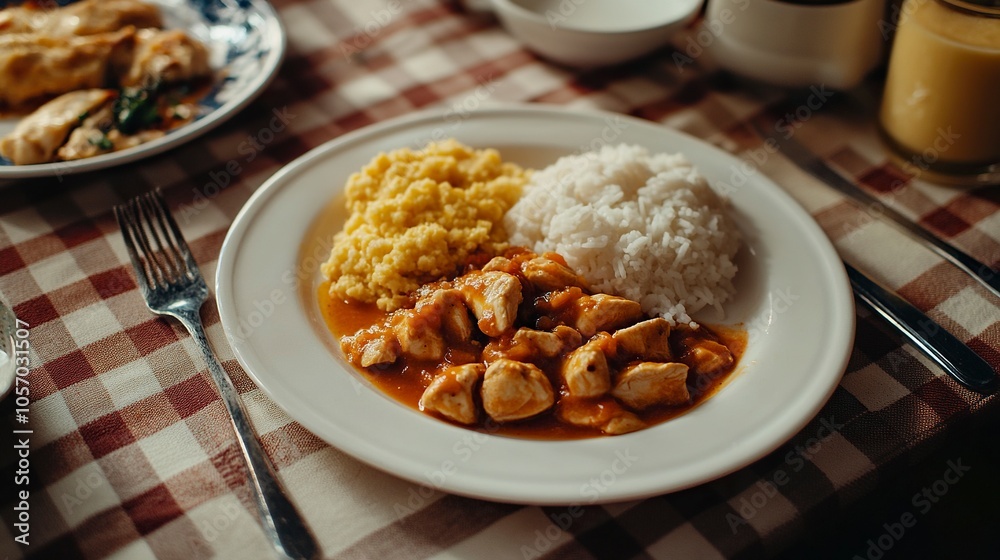 white plate, lots of white rice, chicken in sauce, polenta in milk, table with checkered tablecloth, bright, cinematic environment, generative ai white plate, lots of white rice, chicken in sauce, polenta in milk, table with checkered tablecloth, bright, cinematic environment, generative ai