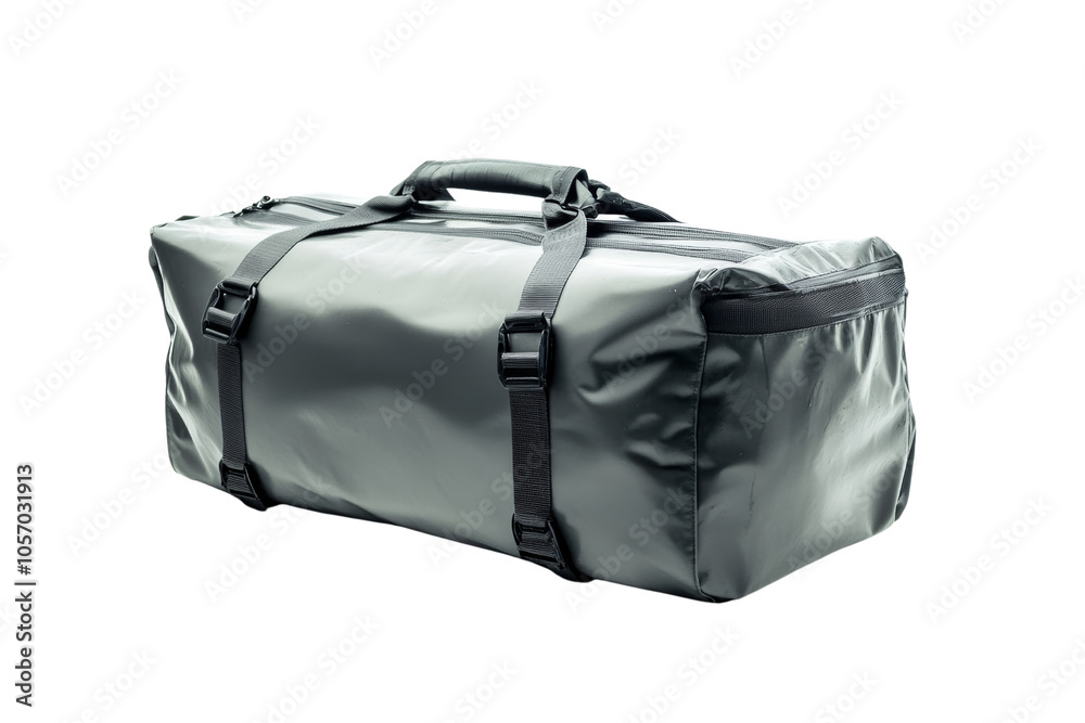Durable grey duffel bag with straps, perfect for sports or travel, showcasing versatility and style on a white isolate background. Durable grey duffel bag with straps, perfect for sports or travel, showcasing versatility and style on a white isolate background.