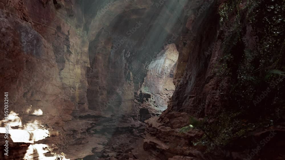 Sunlight streaming through a tunnel in a mountain Sunlight streaming through a tunnel in a mountain