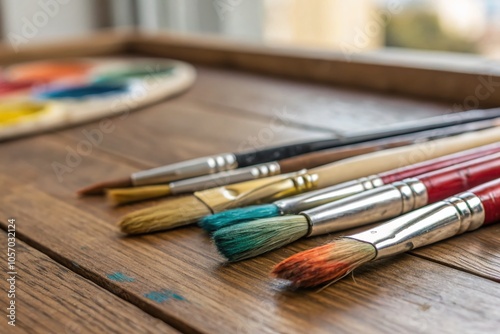 Colorful Paintbrushes Arrangement on Table for Artistic Inspiration