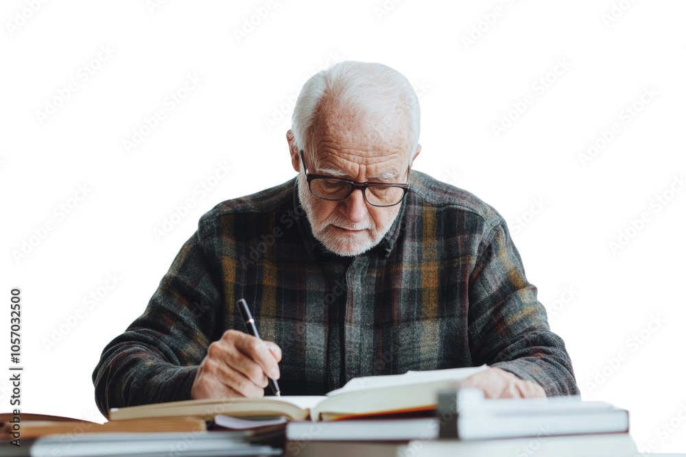 Elderly man writing in a notebook, focused expression, surrounded by books, cozy indoor setting, thoughtful ambiance. Elderly man writing in a notebook, focused expression, surrounded by books, cozy indoor setting, thoughtful ambiance.