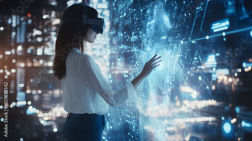 A woman wearing a virtual reality headset interacts with a futuristic digital interface. photo