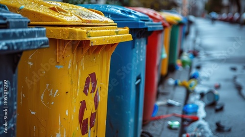 Diverse Waste Bins Reflecting Waste Management Challenges in Urban Environments Today