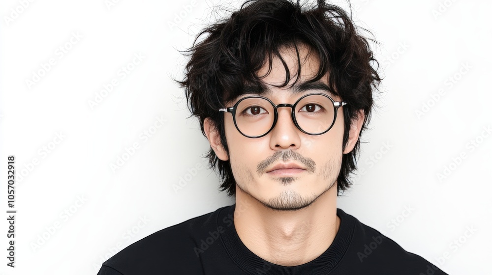 Young Man with Black Glasses and Wavy Hair Portrait Young Man with Black Glasses and Wavy Hair Portrait