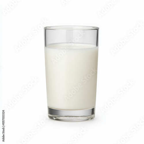 A clear glass filled with white milk, showcasing its smooth texture and refreshing appearance.