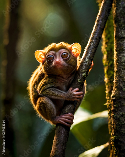 A tarsier clings to a branch at dusk in Tangkoko National Park, its large, round eyes glowing as it surveys the darkening forest, capturing the mysterious allure of Sulawesi’s wildlife. photo