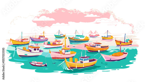 Colorful Fishing Boats on Serene Sea at Sunset