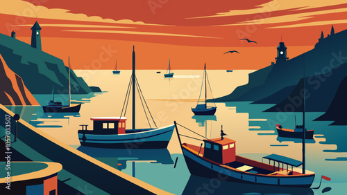 Tranquil Sunset Harbor Scenery with Sailing Boats and Lighthouse