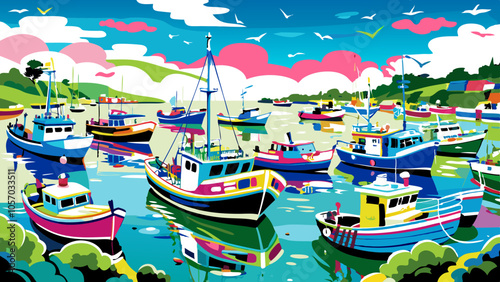 Picturesque Colorful Fishing Harbor Scene with Boats and Nature