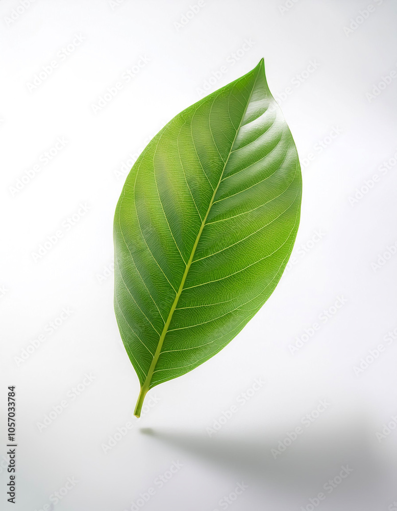 Obraz premium Green leaf floating or flying isolated white background