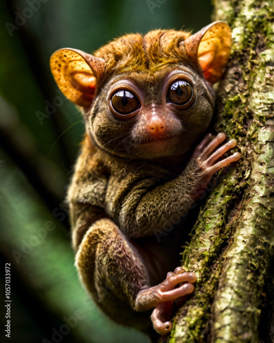 A tarsier clings to a branch at dusk in Tangkoko National Park, its large, round eyes glowing as it surveys the darkening forest, capturing the mysterious allure of Sulawesi’s wildlife. photo