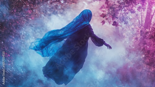 mysterious woman with veil in foggy forest photo