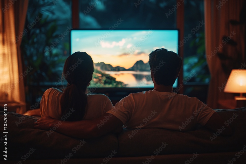 Couple enjoying a cozy evening while watching a colorful sunset landscape on a large screen in a dimly lit living room Couple enjoying a cozy evening while watching a colorful sunset landscape on a large screen in a dimly lit living room