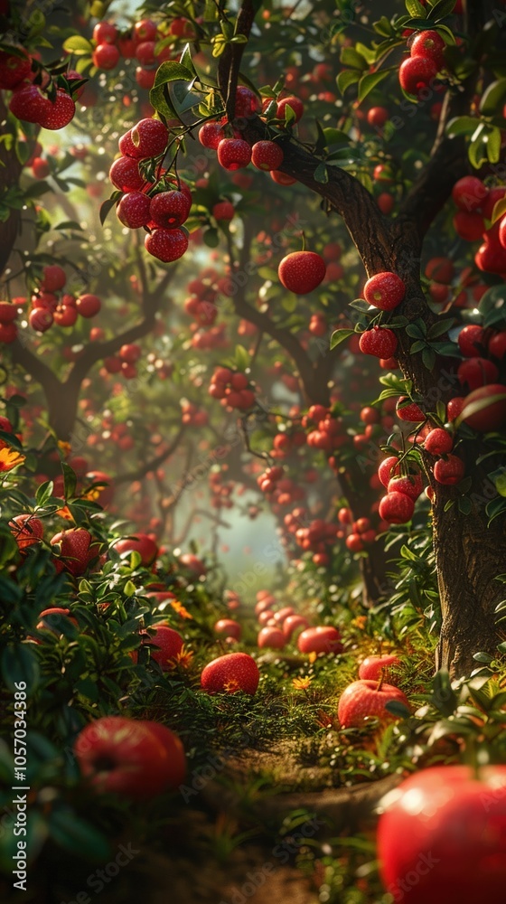 Craft a worms-eye view that transports viewers to a fantastical orchard where every fruit has a unique, mesmerizing power Design an image that exudes fantasy, curiosity Craft a worms-eye view that transports viewers to a fantastical orchard where every fruit has a unique, mesmerizing power Design an image that exudes fantasy, curiosity