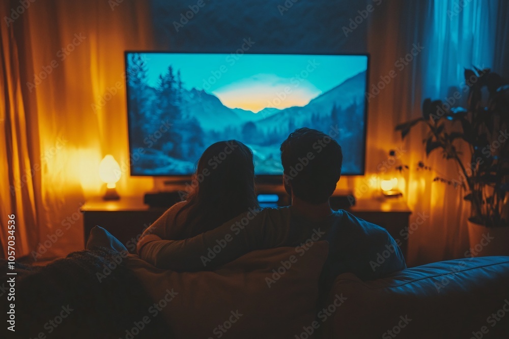 Couple enjoying a cozy evening while watching a colorful sunset landscape on a large screen in a dimly lit living room Couple enjoying a cozy evening while watching a colorful sunset landscape on a large screen in a dimly lit living room