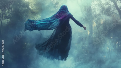 mysterious woman with veil in foggy forest photo