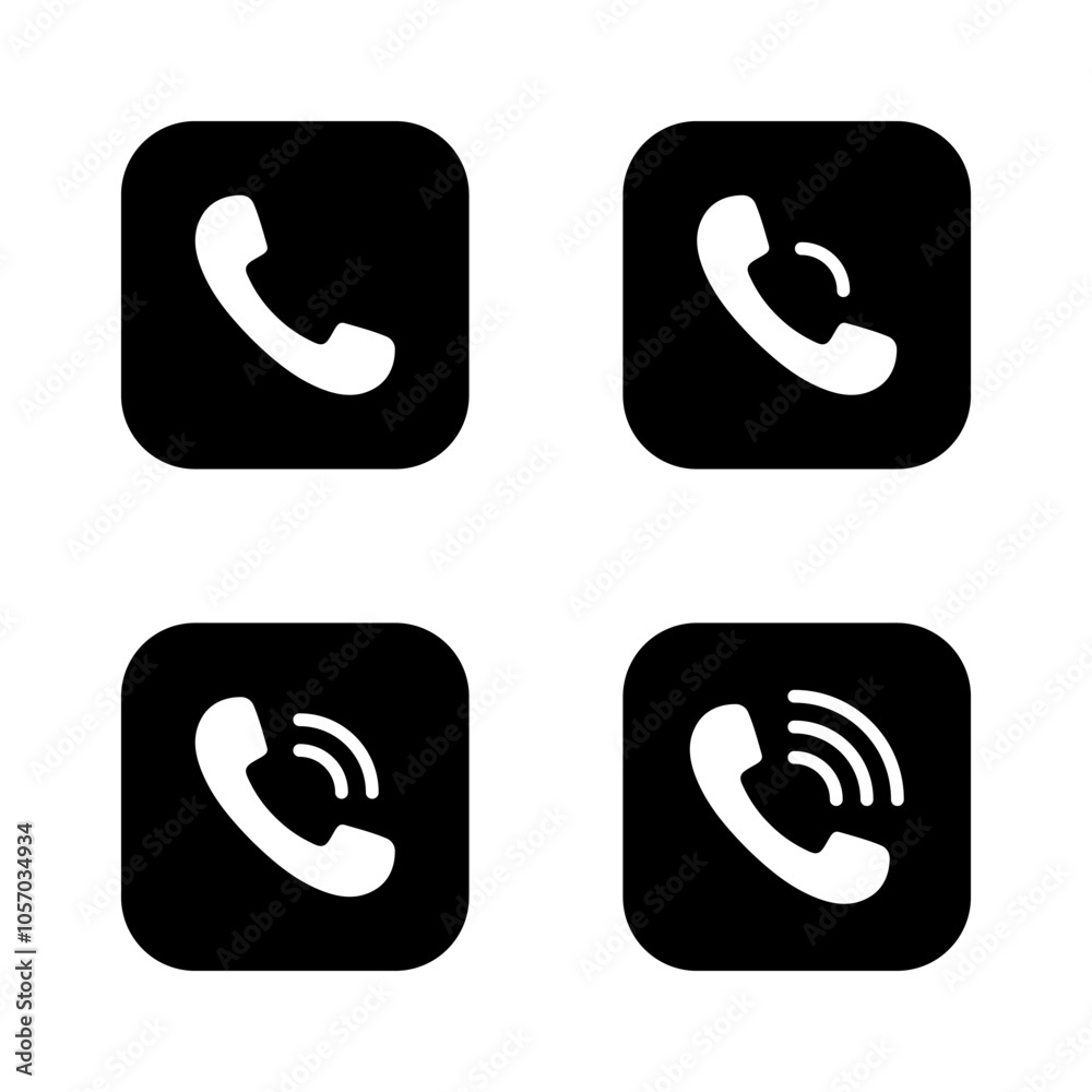 Phone call icon on black square. Ringing handset sign symbol Phone call icon on black square. Ringing handset sign symbol