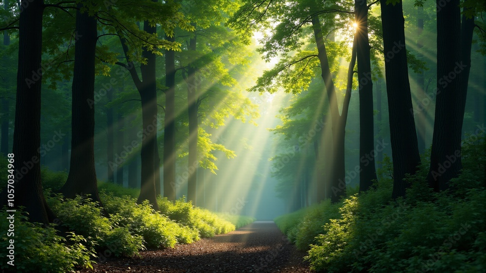 Obraz premium Serene forest with tall trees and dappled sunlight streaming through leaves