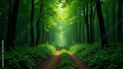 Dense green forest with a pathway leading into the shadows